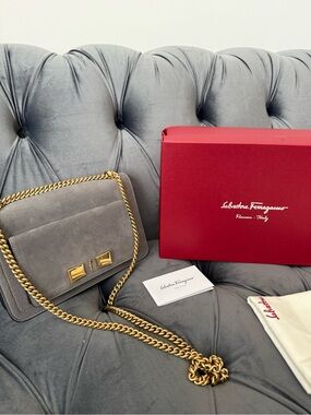 New Salvatore Ferragamo Gray Suede Crossbody Bag with Gold Chain